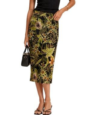 Nora Noh 100% Silk Tropical Floral Midi Skirt Black Green Orange Size 12